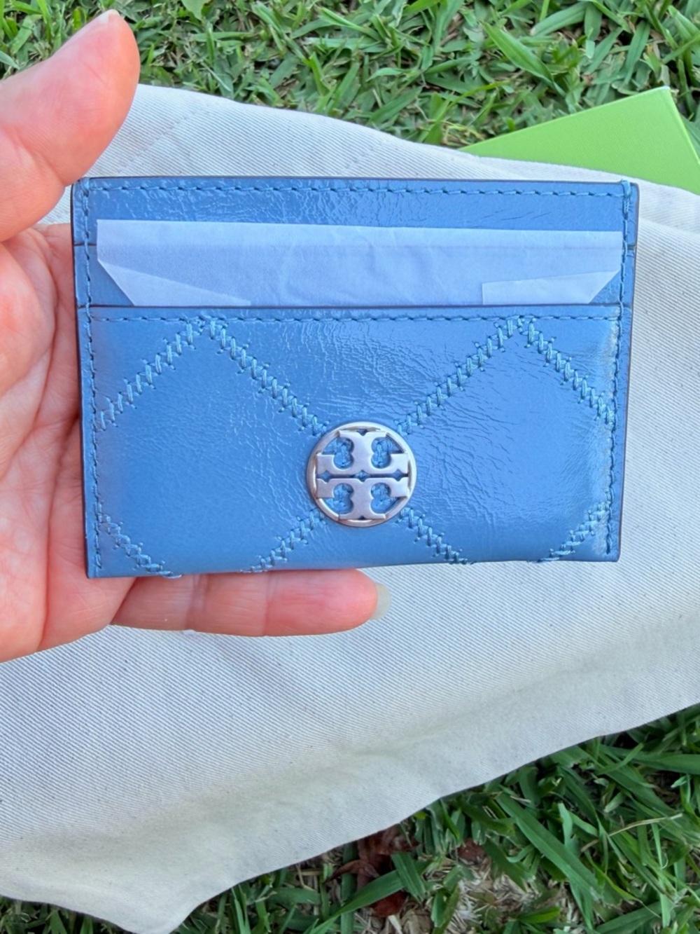 Tory Burch Blue Quilted Leather Card Case with Logo